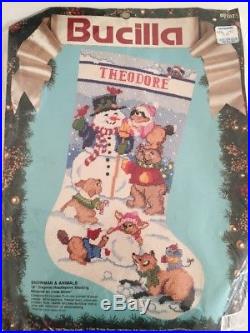 Bucilla 60707 Snowman Animals 18in Christmas Stocking Needlepoint Kit Vtg Fox