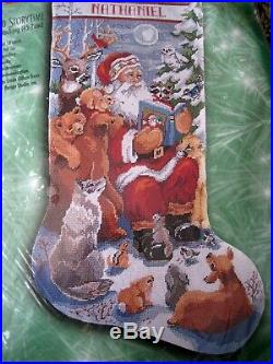 Bucilla Christmas Needlepoint Stocking Kit, WOODLAND STORYTIME, Santa, Animal, 60759