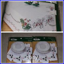Bucilla Cross Stitch Tablecloth Dash Away Santa 60 x 104 Napkins Set Of 8