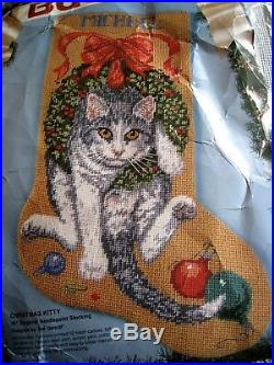 Bucilla Needlepoint Holiday Stocking Kit, CHRISTMAS KITTY, Cat, Wreath, 60714,18