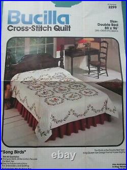Bucilla Stamped Cross Stitch Quilt Kit Song Birds Double Embroidery Floss UFO