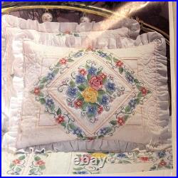 Bucilla Stamped Cross Stitch Quilt & Pillow Shams Kit, Potpourri Cottagecore VTG