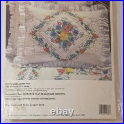 Bucilla Stamped Cross Stitch Quilt & Pillow Shams Kit, Potpourri Cottagecore VTG