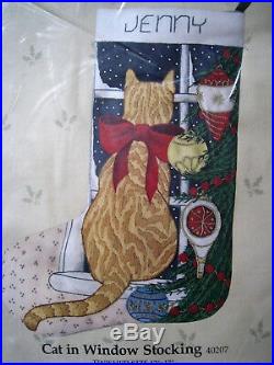 Christmas Candamar Crewel Stitchery Stocking KIT, CAT IN WINDOW, 40207, Size 17
