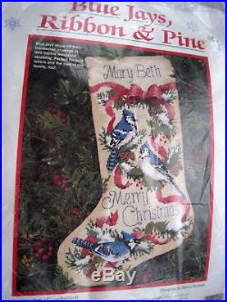Dimensions Christmas Needlepoint Stocking Kit, BLUE JAYS, RIBBON & PINE, Birds, 9091