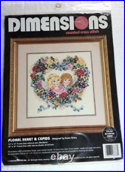 Dimensions Counted Cross Stitch Kit Floral Heart & Cupids #3786 RARE FIND