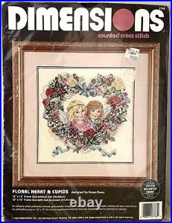 Dimensions Floral Heart & Cupids Counted Cross Stitch Kit Vintage 3786 NEW