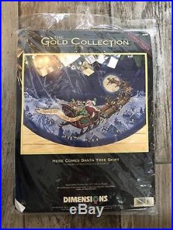Dimensions Gold 8598 HERE COMES SANTA Cross Stitch Tree Skirt NEW Sealed