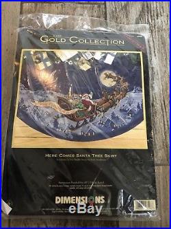 Dimensions Gold 8598 HERE COMES SANTA Cross Stitch Tree Skirt NEW Sealed