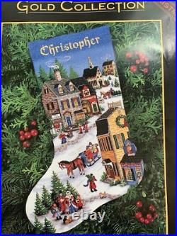 Dimensions Gold Collection VILLAGE SCENE STOCKING Cross Stitch Christmas 1997