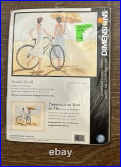 Dimensions SEASIDE STROLL Counted Cross Stitch Kit #35197 Bicycle Lady Umbrella