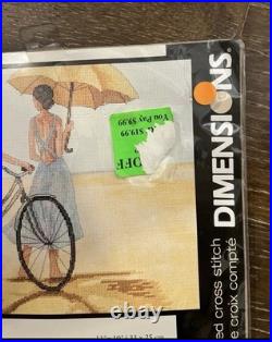 Dimensions SEASIDE STROLL Counted Cross Stitch Kit #35197 Bicycle Lady Umbrella