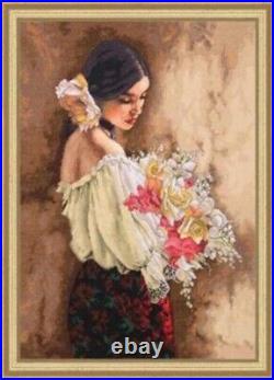 Diy Needlepoint Cross Stitch Woman With A Bouquet Embroidery Kit Unprinted