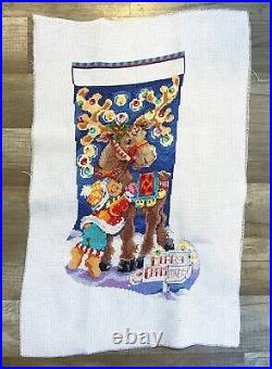 FINISHED Counted Cross Stitch Christmas Stocking CANVAS Merry CHRISMOOSE Bucilla