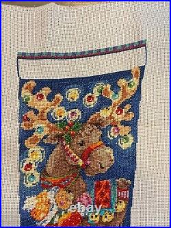 FINISHED Counted Cross Stitch Christmas Stocking CANVAS Merry CHRISMOOSE Bucilla