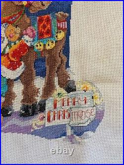 FINISHED Counted Cross Stitch Christmas Stocking CANVAS Merry CHRISMOOSE Bucilla