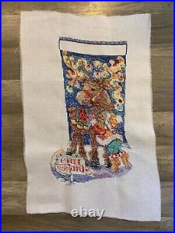 FINISHED Counted Cross Stitch Christmas Stocking CANVAS Merry CHRISMOOSE Bucilla