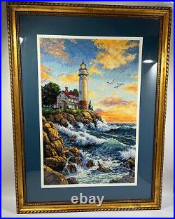 Finished ROCKY POINT Lighthouse Counted Cross Stitch 11 x 17 Framed 23 x 17