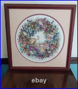 Framed & Completed DIMENSION Berry Wreath Welcome Cross Stitch Martha Edwards