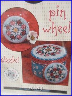 HTF Just Nan SIZZLE TIN & PIN WHEEL Ctd Cross Stitch KIT with Linen & Embellishmts