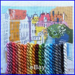 Handpainted Needlepoint canvas Paris Street scene with thread kit Sally Corey