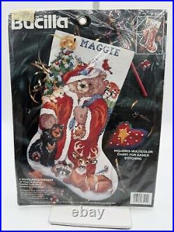 NEW VTG 1995 RARE Bucilla Woodland Christmas bear cross stitch stocking kit