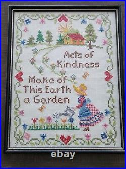 Needlepoint Cross Stitch Sampler Acts Of Kindness Vintage Complete Framed Garden