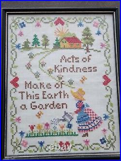 Needlepoint Cross Stitch Sampler Acts Of Kindness Vintage Complete Framed Garden