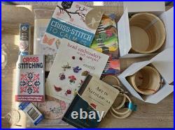 New Cross Stitch Aida Cloth, Bamboo Hoops, Embroidery Floss, and assorted Books