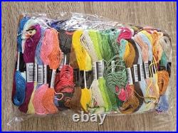 New Cross Stitch Aida Cloth, Bamboo Hoops, Embroidery Floss, and assorted Books