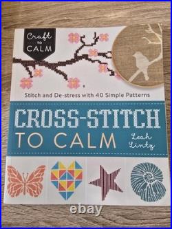 New Cross Stitch Aida Cloth, Bamboo Hoops, Embroidery Floss, and assorted Books