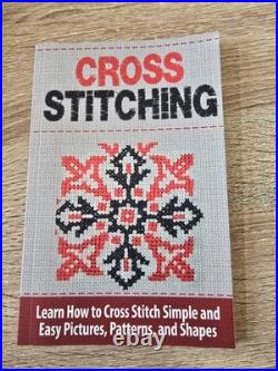 New Cross Stitch Aida Cloth, Bamboo Hoops, Embroidery Floss, and assorted Books