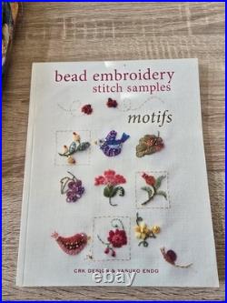 New Cross Stitch Aida Cloth, Bamboo Hoops, Embroidery Floss, and assorted Books