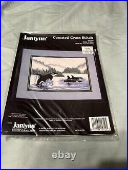 New Janlynn Counted Cross Stitch Kit FREE AT SEA #157-19 RARE 1993 WHALES