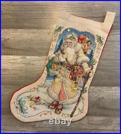 New VTG Finished BUCILLA Celebrations Cross Stitch Stocking FATHER WINTER 84025