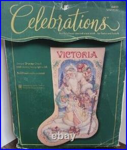 New VTG Finished BUCILLA Celebrations Cross Stitch Stocking FATHER WINTER 84025