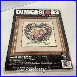 New Vintage 1995 Dimensions Floral Heart & Cupids Counted Cross Stitch #3786