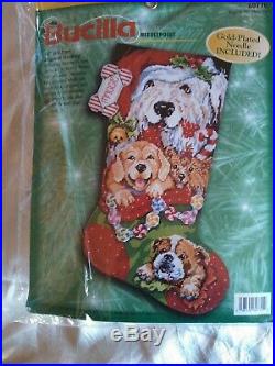 PUPPIES FOR CHRISTMAS needlepoint stocking kit Bucilla Gillum Sealed