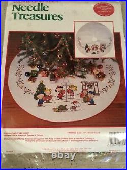 Peanuts Sing Along Cross Stitch Christmas Tree Skirt Kit OOP New