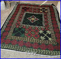Polynesian Micronesian Hand Made Cross Stitch Quilt Throw Neon Floral Heart