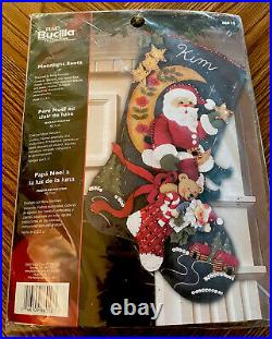 RARE Bucilla Christmas Felt Stocking Stitch Kit # 86018 Moonlight Santa 18 NIP