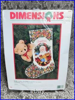 RARE Dimensions Crewel Kit Holly Santa Stocking Christmas 8089 Cross Stitch