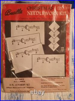 RARE Vtg MCM Bucilla Stamped Cross Stitch 8 Pc Luncheon Set Kit-Belgian Linen-Rh