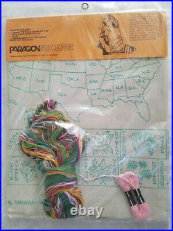 Rare PARAGON STITCHERY U. S. States Flower Map 1980 Embroidery Sampler Kit #0449