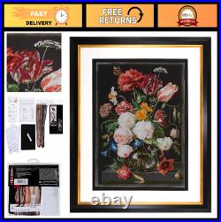 Still Life Flowers Cross Stitch Kit 18 Count Aida Black DMC Threads Included