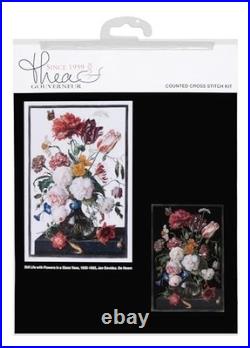 Still Life Flowers Cross Stitch Kit 18 Count Aida Black DMC Threads Included