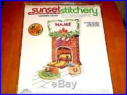 Sunset CHRISTMAS FIRESIDE Crewel Embroidery Stocking Kit Cat, cozy hearth, Vintage