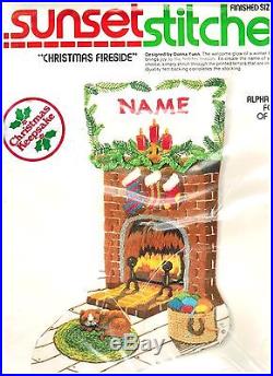 Sunset CHRISTMAS FIRESIDE Crewel Embroidery Stocking Kit Cat, cozy hearth, Vintage