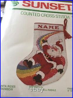 Sunset Cross Stitch SANTA RIDES A RAINBOW NeedleCraft 8 stocking