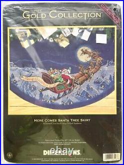 Vintage 1999 Dimensions HERE COMES SANTA Tree Skirt Counted Cross Stitch NEW